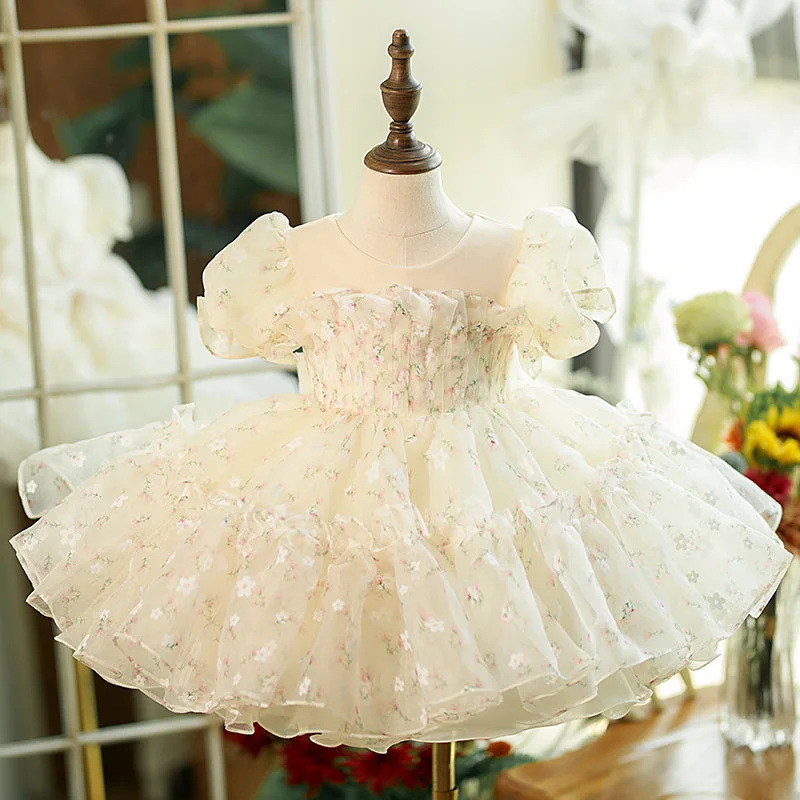 Women's Stylish Professional Apparel Baby Girl Dress Toddler Prom Wrinkle White Puffy Wedding Princess Dress