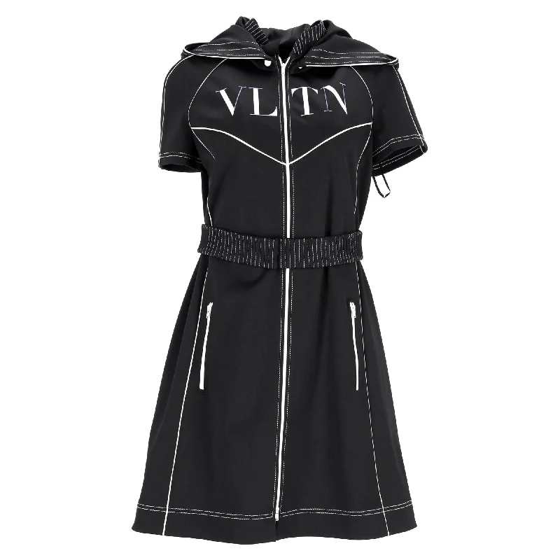 Trendy Athleisure Clothing For Women Valentino Garavani VLTN Belted Zipped Mini Dress with Hood in Black Polyester