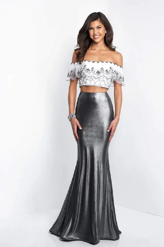 Women's Seasonal Attire Blush  - 11558 Two-Piece Ruffled Off-Shoulder Metallic Shimmer Mermaid Gown - 1 pc Off White/Gunmetal In Size 6 Available