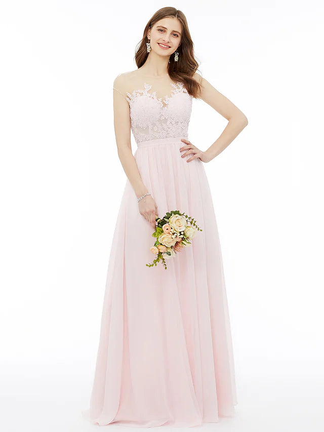 Women's Fashionable Clothing Sets A-Line Bridesmaid Dress  Neck Sleeveless  Detail Floor Length Chiffon   Floral  Lace with Sash  Ribbon  Appliques