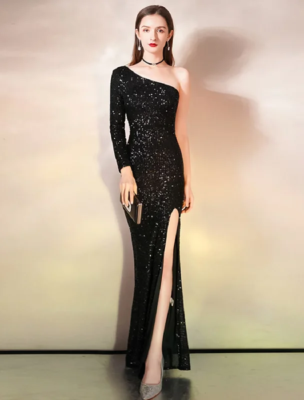 Women's Active Outfit For Fitness Evening Gown Sparkle Dress Wedding Guest Floor Length Sleeveless One Shoulder Sequined with Slit