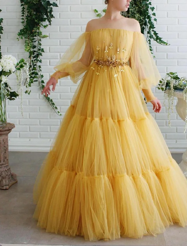 Affordable Women's Clothing Ball Gown Prom Dresses Elegant Dress Wedding Guest Prom Floor Length Long Sleeve Illusion Neck Tulle with Beading Appliques