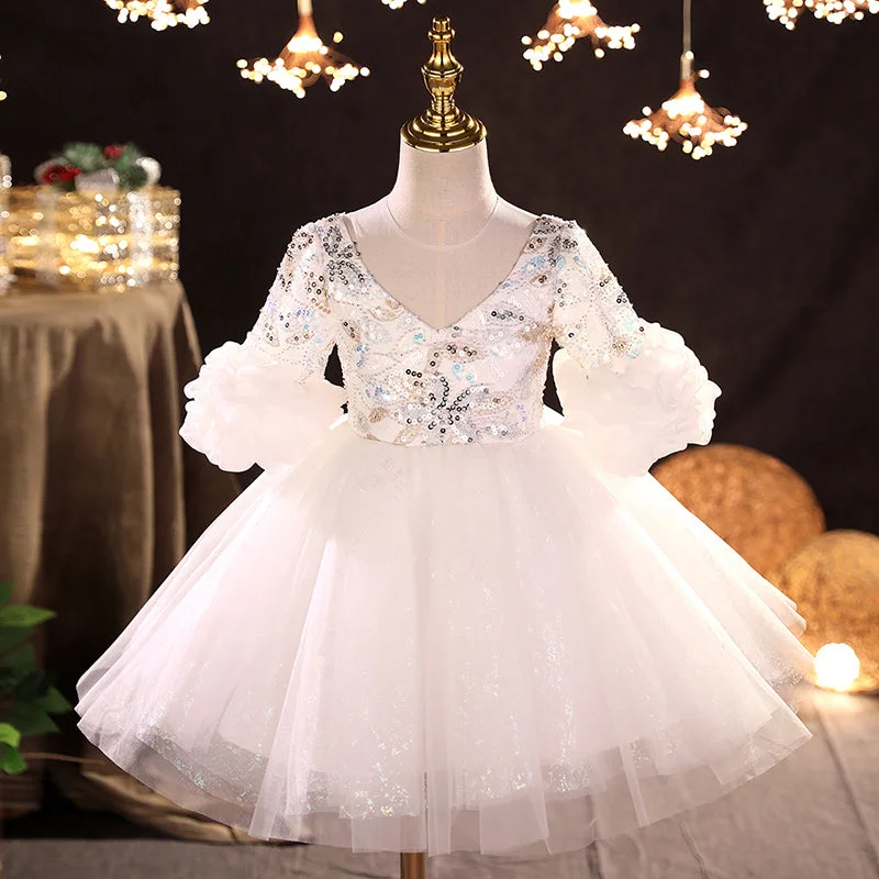 Women's Outerwear Apparel Flower Girl Dress Toddler Ball Gowns White Wedding V-neck Princess Dress