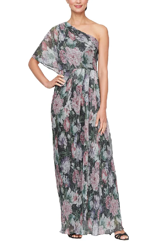 Casual Garments For Women Long Floral Print One Shoulder Shimmer Gown