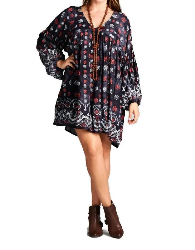 Women's Office Outfit Baby Doll Bohemian Peasant Mini Dress In Black