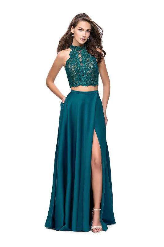 Women's Festive Attire La Femme - 25263 Two-Piece High Halter Lace Up Bodice A-Line Gown