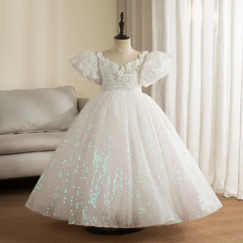 Women's Versatile Apparel Little Girel First Communion Dress Flower Girl White Sequins Wedding Princess Baptism Dress