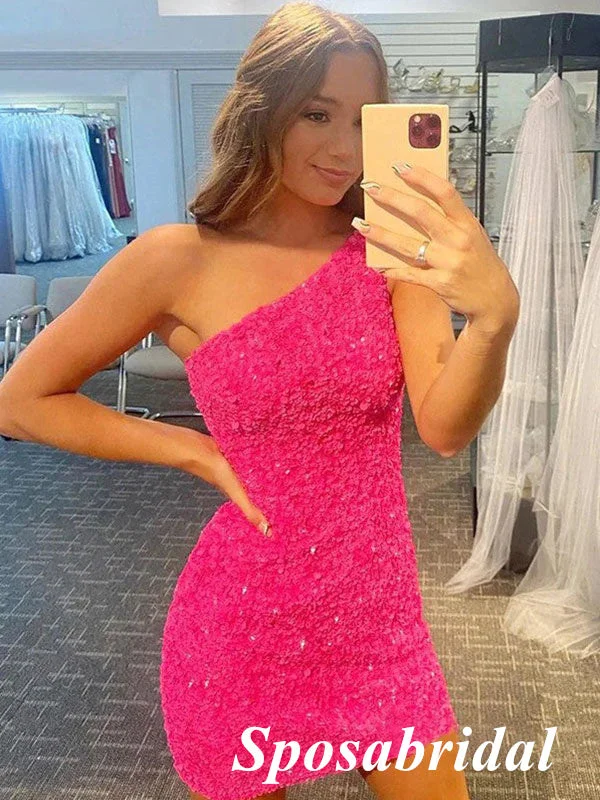 Women's Everyday Clothes Sarkly Pink Sequin One Shoulder Sheath Mini Dresses/ Homecoming Dresses, PD3543