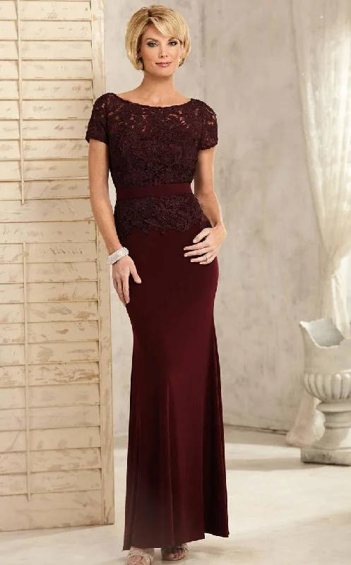 Women's Cozy Winter Attire Christina Wu Elegance Short Sleeve Jeweled Lace Peplum Sheath Gown - 1 pc Wine In Size 6 Available