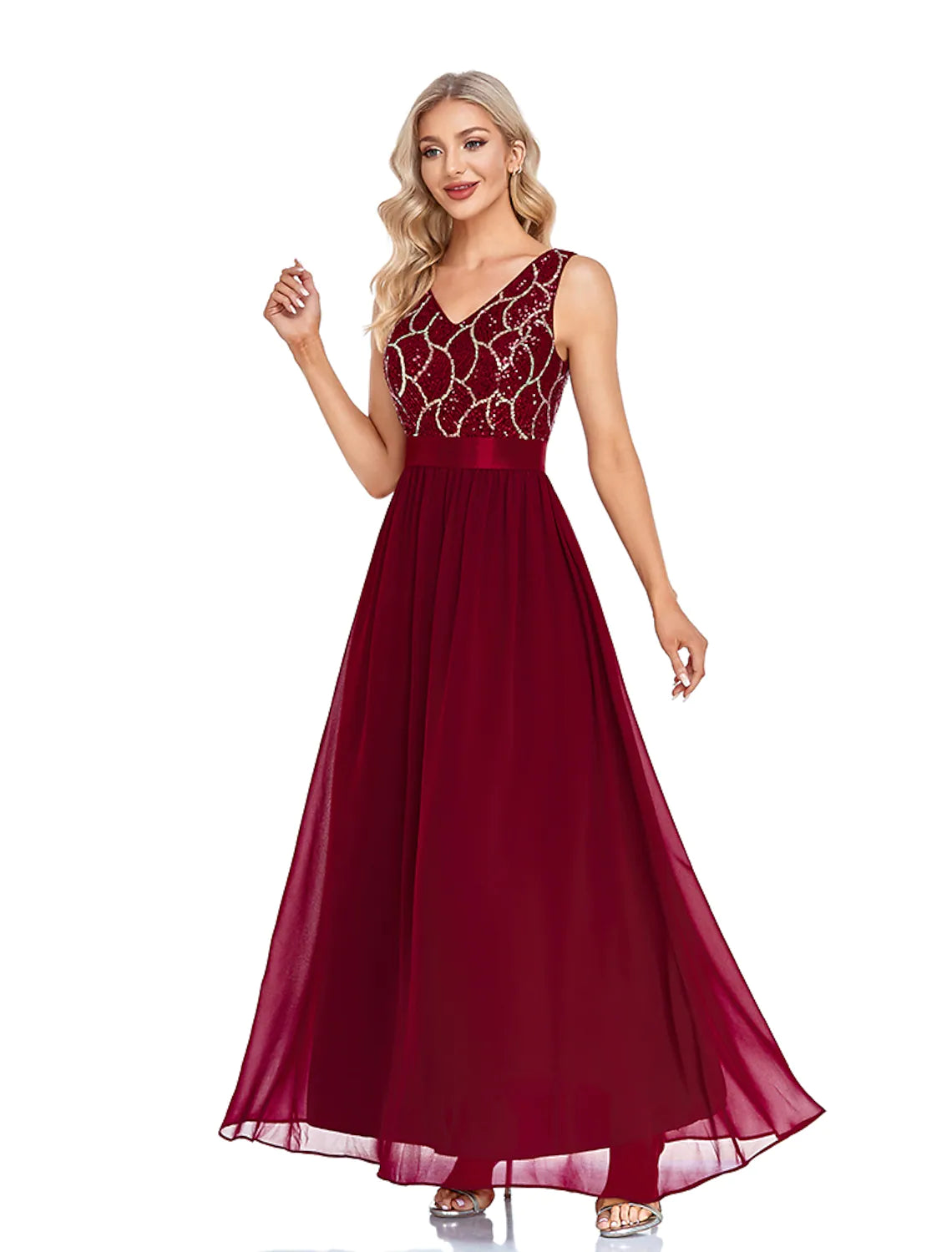 Stylish Women's Garments A-Line Evening Gown Sexy Dress Wedding Sleeveless V Neck Chiffon V Back with Sequin Splicing