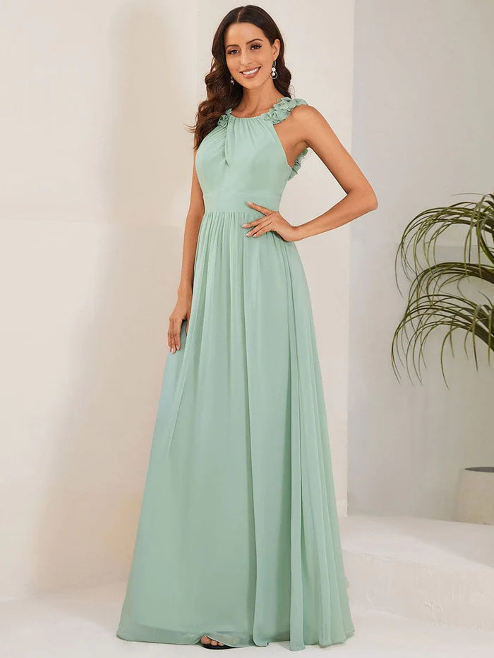 Women's Transitional Outfit Sleeveless Floral Applique V-Neck A-Line Chiffon Bridesmaid Dress