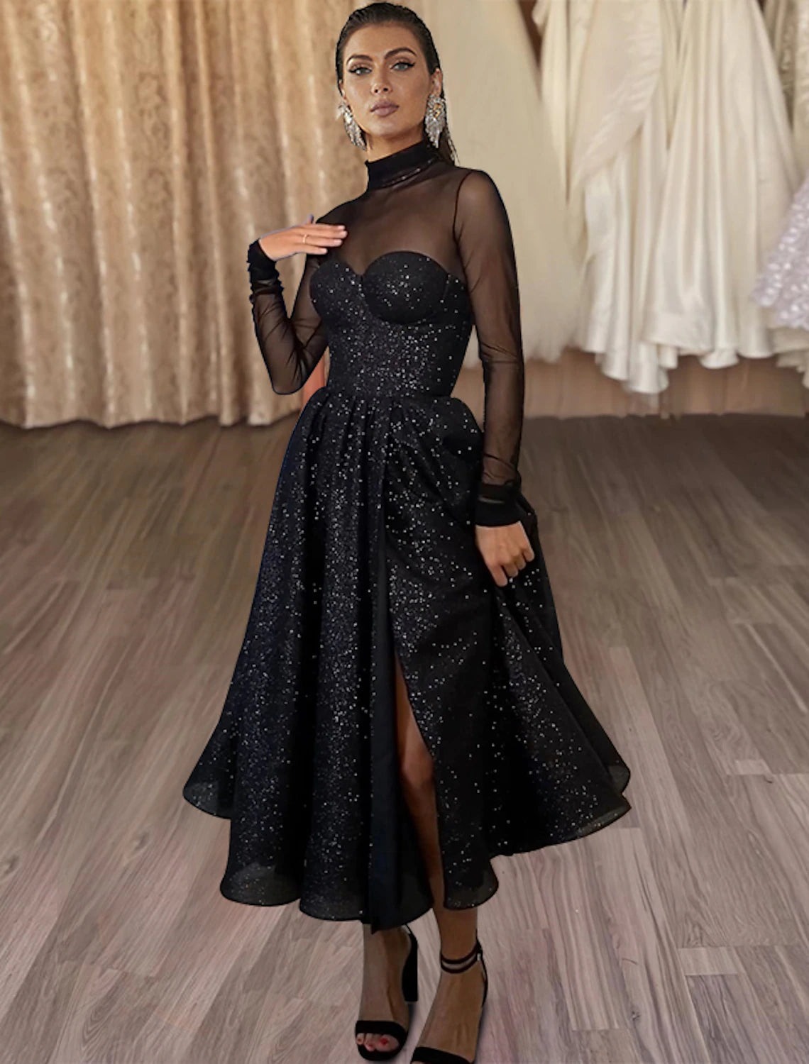 Women's Clothing Outfit Set A-Line Cocktail Dresses Sparkle & Shine Dress Wedding Guest Party Wear Tea Length Long Sleeve High Neck Wednesday Addams Family Tulle with Glitter Slit