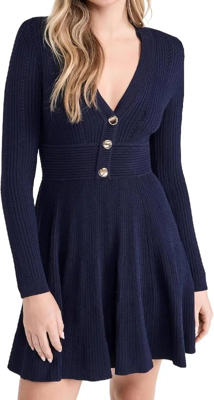 High-Fashion Women's Clothing Pointelle Knit Mini Dress In Navy