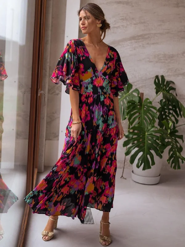 Vintage-Inspired Women's Apparel BerriesJam - Floral Printed Belted Cotton Tunic Maxi Dresses