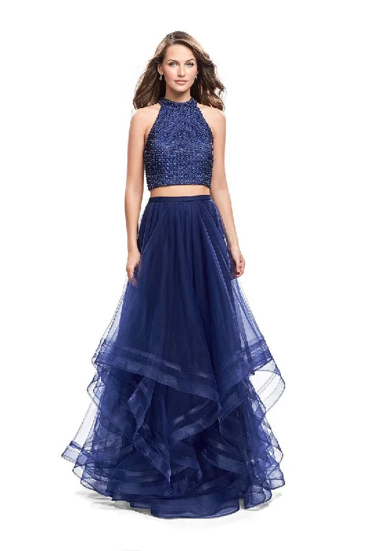 Women's Comfortable Lounge Attire La Femme - 26077 Two-Piece Bejeweled High Halter Tulle Cascade Gown