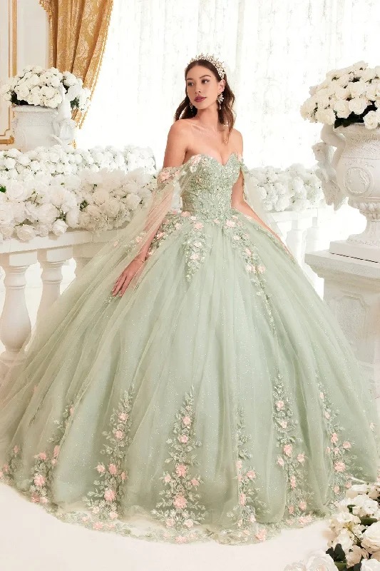 Timeless Women's Outfit Sparkling Sage Floral Blush Ball Gown Quinceanera Dress Ball Gown Quinceanera Dresses Princess Dress Party Dress with Cape