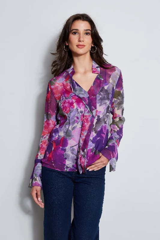 Stylish Women's Garments For Holidays Silk Chiffon Tossed Floral Ruffle Shirt