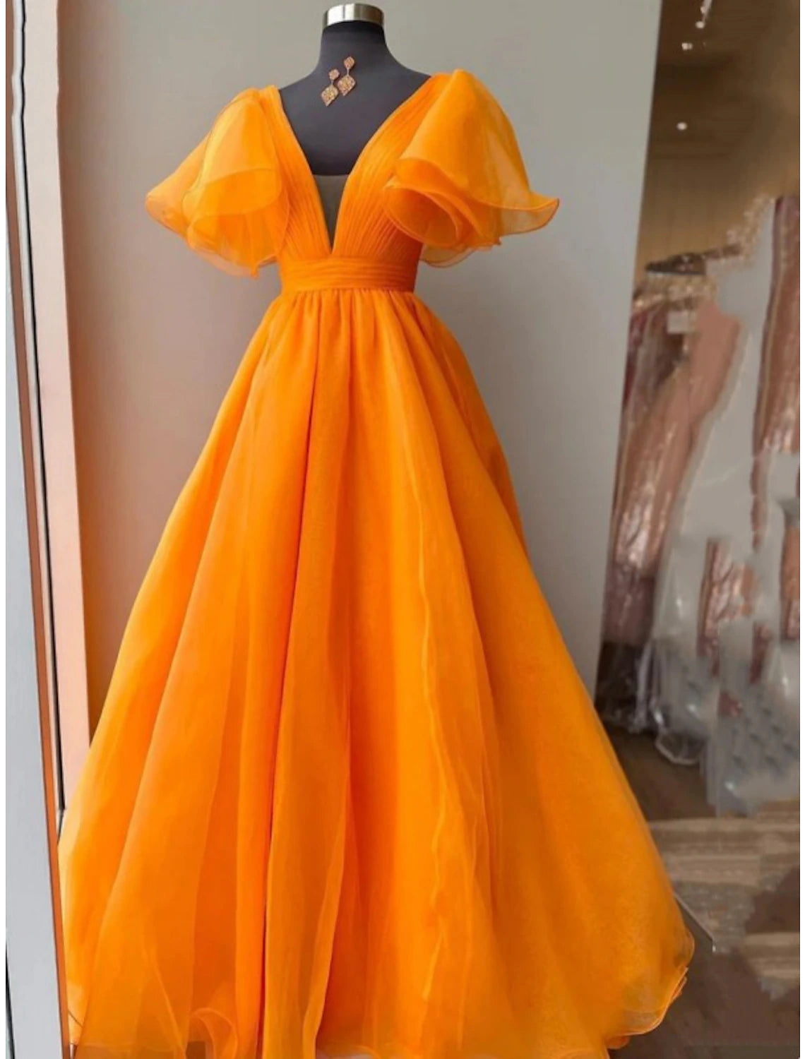 Women's Timeless Attire Ball Gown Evening Gown Celebrity Style Dress Wedding Party Floor Length Short Sleeve V Neck Fall Wedding Guest Organza with Pleats Ruffles