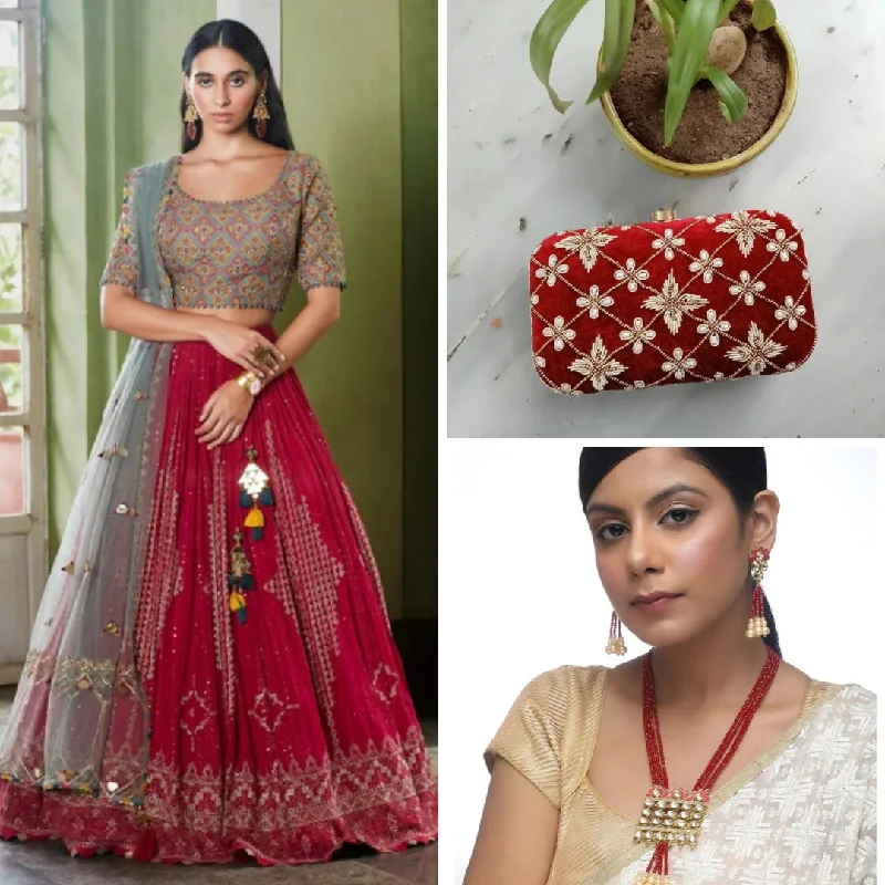 Women's Trendy Apparel Raani Georgette Wedding Lehenga Choli For Women + Maroon Floral Hand-embroidered Clutch + Red Pearl & Kundan Desinger Pendant Neckpiece with Earrings - Rent