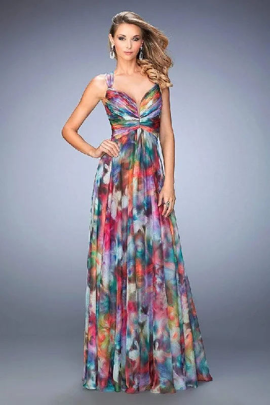 Women's Stylish Vacation Attire La Femme - Ruched Aquarelle Print Evening Gown 22355 - 1 pc Multi In Size 4 Available