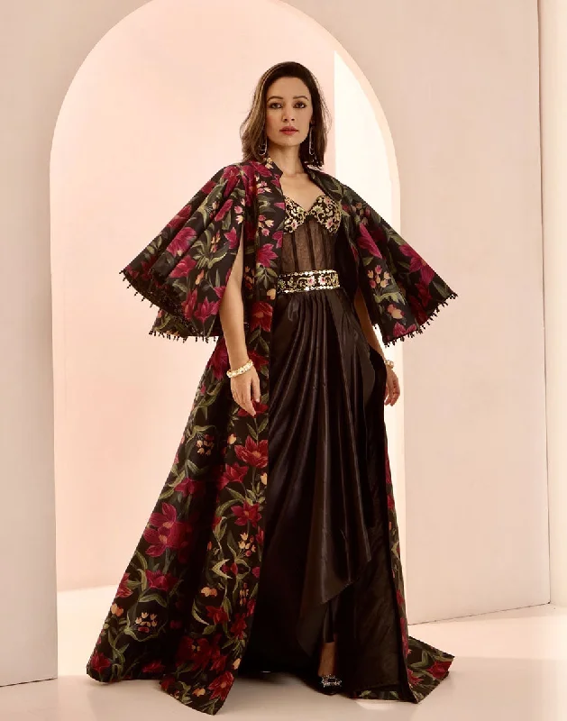 Women's Apparel Elegant Fusion Black Silk Floral Jacket with Hand-Embroidered Corset Drape Gown