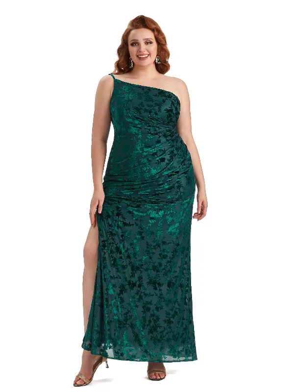 Women's Vintage Clothes Plus Size Sexy Mermaid One Shoulder Side Slit Floral Velvet Long Bridesmaid Dresses