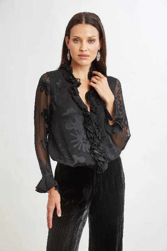 Casual Apparel For Women Floral Satin Burnout Blouson Shirt