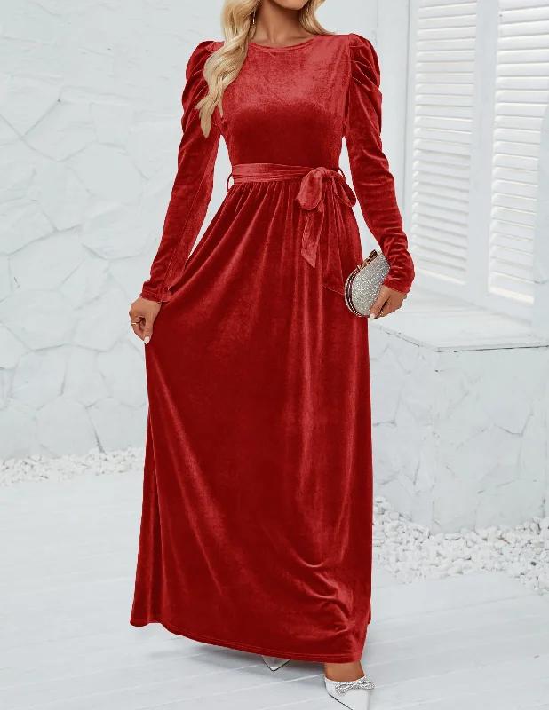 Women's Clothes For Special Occasions DingJiDress Wedding Guest Dress Women's Velvet Maxi Dress Long Puff Sleeve Crew Neck Elastic High Waist Cocktail Party Formal Wear Dresses Evening Dress