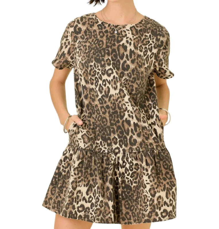 Women's Resort Apparel Denim Drop Waist Mini Dress In Tan Leopard