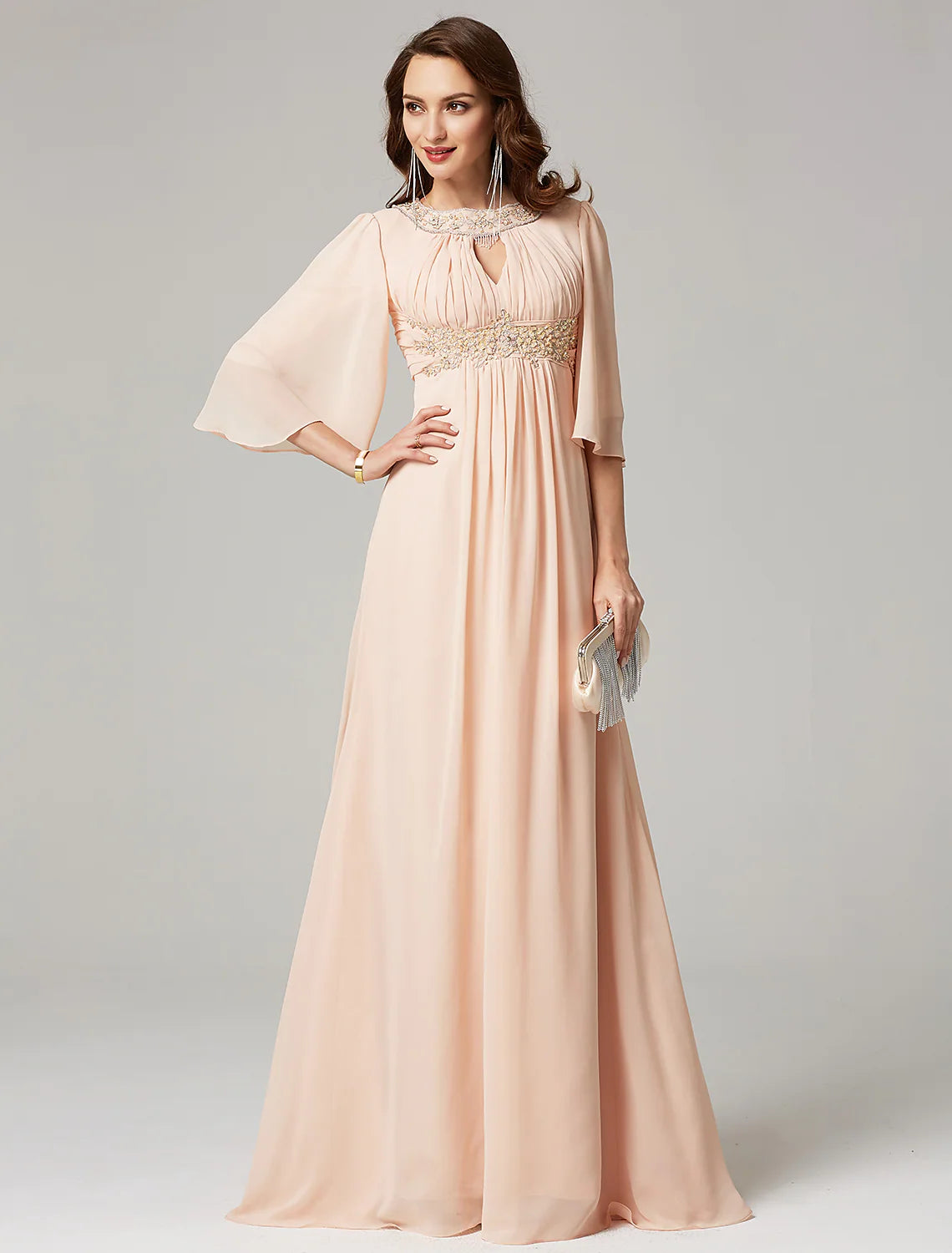 Women's Resort Garments A-Line Evening Dresses Elegant Dress Wedding Half Sleeve Jewel Neck Chiffon with Beading Draping