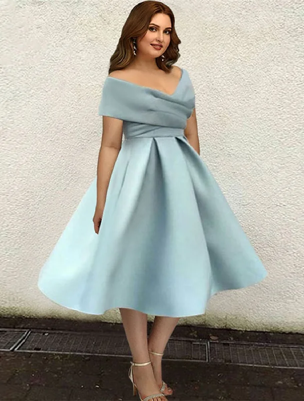 Women's Tailored Outfit A-Line Cocktail Dresses 1950s Dress Wedding Guest Tea Length Short Sleeve V Neck Satin with Sleek Pleats