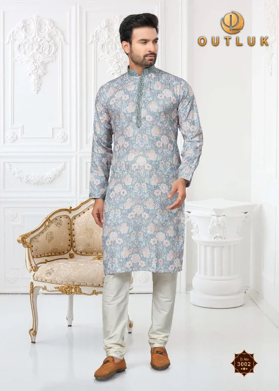 Affordable Luxury Women's Garments Men's Blue Floral Print Kurta Payjama - Rent