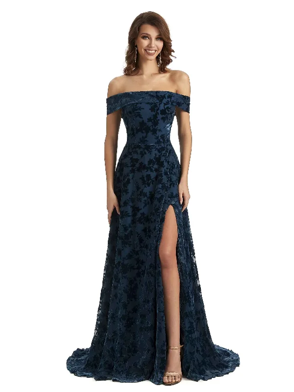 Women's Fashion-Forward Apparel Sexy Side Slit Floral  Velvet Off The Shoulder Long Bridesmaid Dresses Online