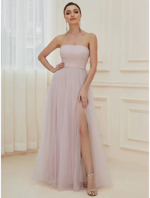 Women's High-Fashion Outfit A-Line Evening Gown Elegant Dress Wedding Guest Floor Length Sleeveless Off Shoulder Tulle with Tiered