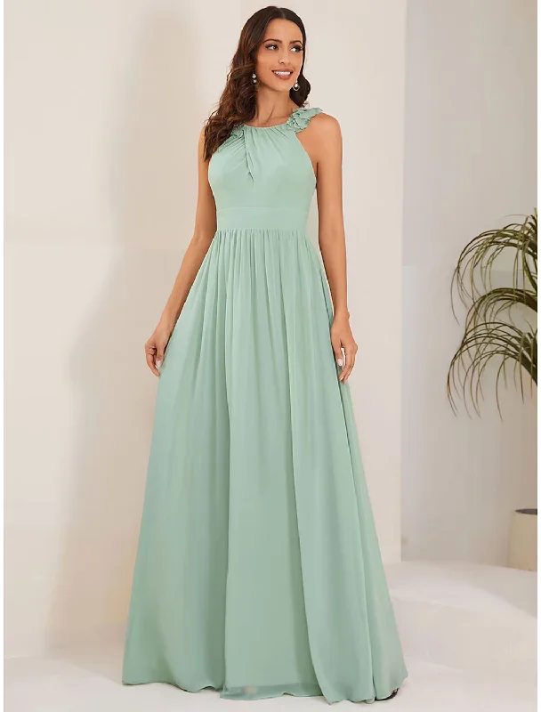 Women's Tailored Outfit A-Line Wedding Guest Dresses Elegant Dress Formal Floor Length Sleeveless Jewel Neck Chiffon with Pleats Flower