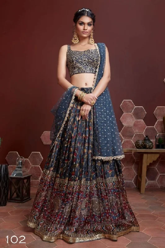 Women's Seasonal Apparel Blue Crepe Silk Floral Printed Lehenga - Rent