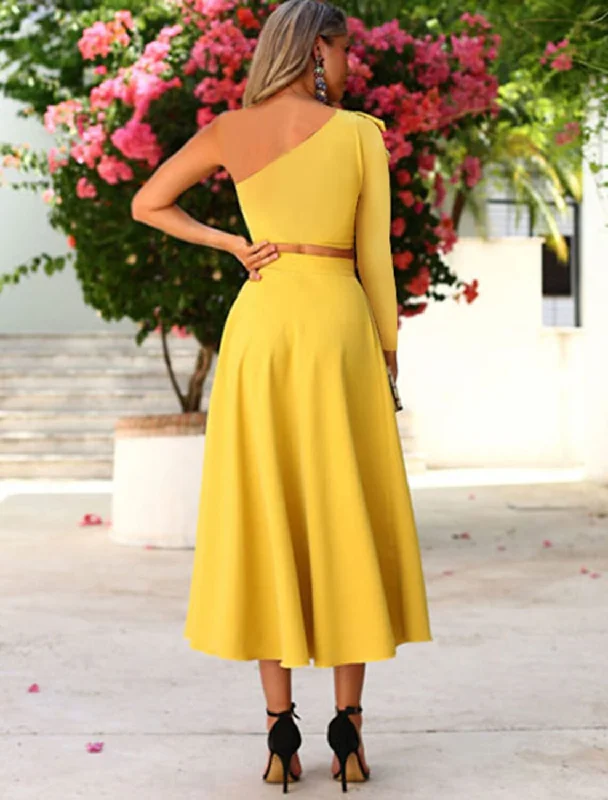 Women's Garments A-Line Cocktail Dresses Cut Out Dress Party Wear Wedding Guest Tea Length Long Sleeve One Shoulder Stretch Fabric with Ruffles