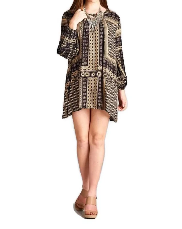 Women's High-Fashion Apparel Bohemian Keyhole Mini Dress In Black/camel