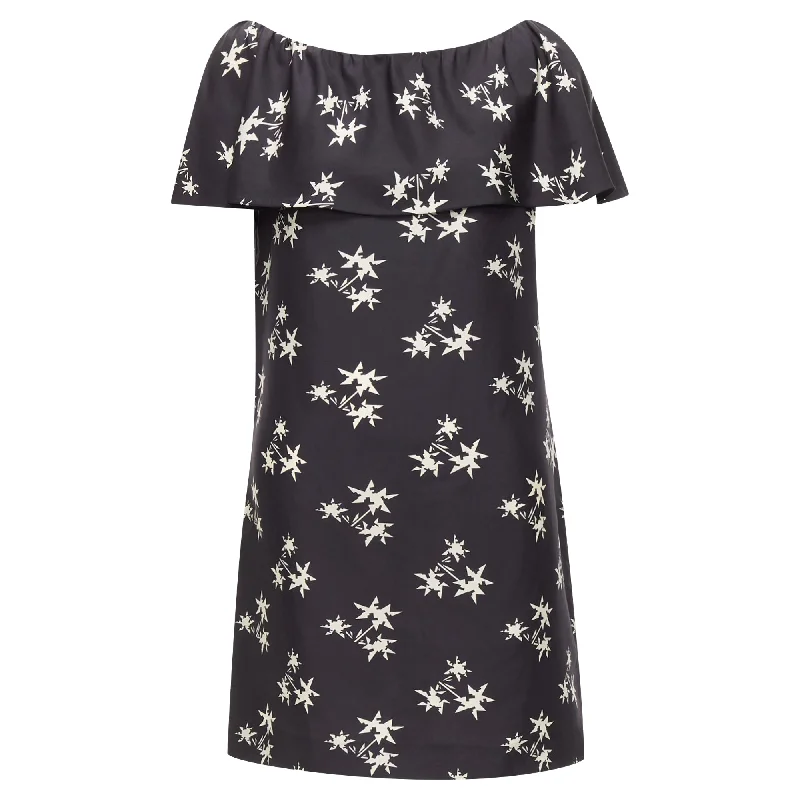 Women's Stylish Vacation Attire Miu Miu Silk Star Print Cape Sleeves Bateau Mini Dress