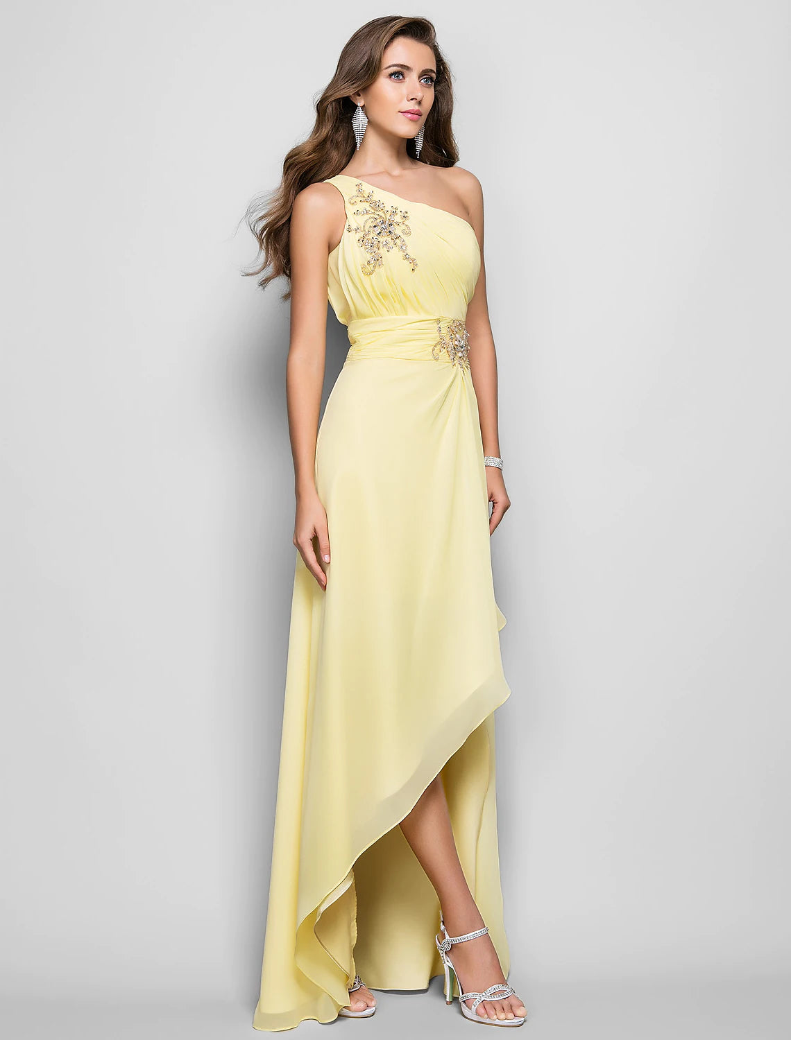 Women's Transitional Attire Elegant Dress Wedding Guest Asymmetrical Sleeveless One Shoulder Chiffon with Beading Slit Appliques