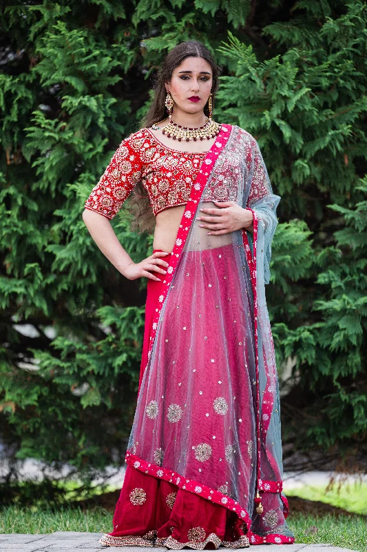 Women's Holiday Apparel Red Floral Embroidery Lehenga & Choli - Rent