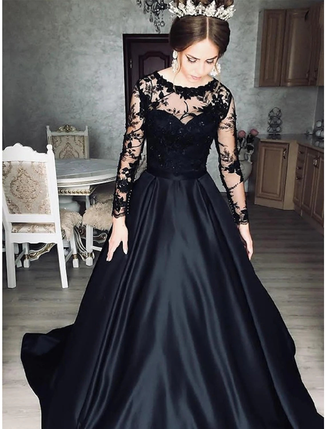 Women's Outerwear Clothing Ball Gown Evening Gown Princess Dress Prom Wedding Party Floor Length Long Sleeve Jewel Neck Wednesday Addams Family Satin with Appliques