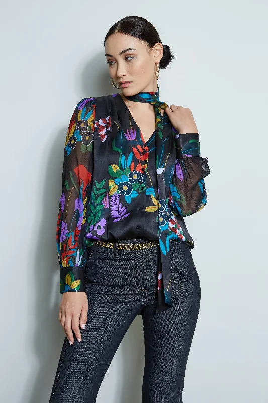 Women's Luxury Attire Silk Floral Tie Shirt