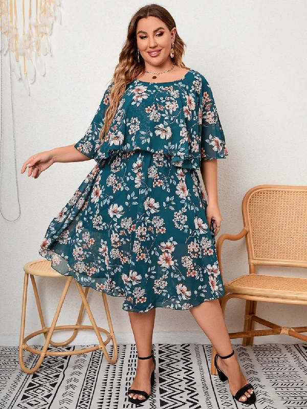 Women's Night-Out Clothes BerriesJam - Fashion Floral Ruffles O Neck Short Sleeve Midi Party Dress