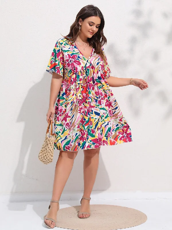 Women's Everyday Clothes BerriesJam - Floral Print Flutter Sleeve Deep V-neck Knee Length Skirt