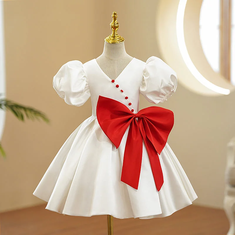 Women's Casual Apparel For Weekends Baby Girls First Communion Dress Girl Red Bow Wedding Puff Seeves Birthday Princess Dress