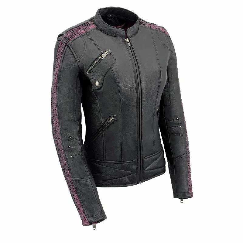 Women's Floral Print Outfit Milwaukee Leather MLL2570 Women's 'Phoenix Embroidered' Black and Fuchsia Pink Leather Motorcycle Jacket