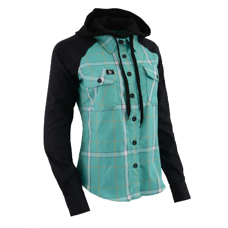 Modern Women's Attire Milwaukee Leather MNG21601 Women's Casual Black and Teal Long Sleeve Cotton Flannel Shirt with Hoodie