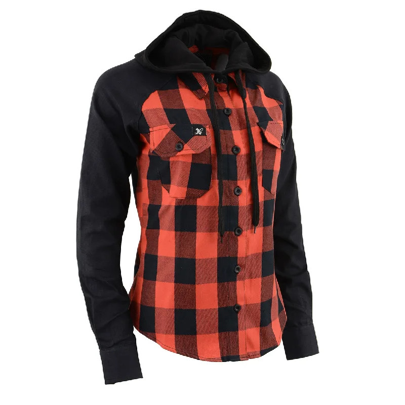 Women's Stylish Outdoor Outfit Milwaukee Leather MNG21602 Women's Casual Black and Red Long Sleeve Cotton Flannel Shirt with Hoodie