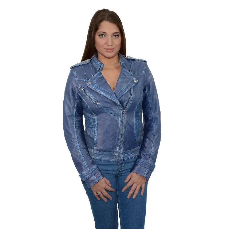 Vintage-Inspired Women's Clothes Milwaukee Leather Women's Maiden Royal Blue Premium Sheepskin Motorcycle Fashion Leather Jacket with Studs SFL2840